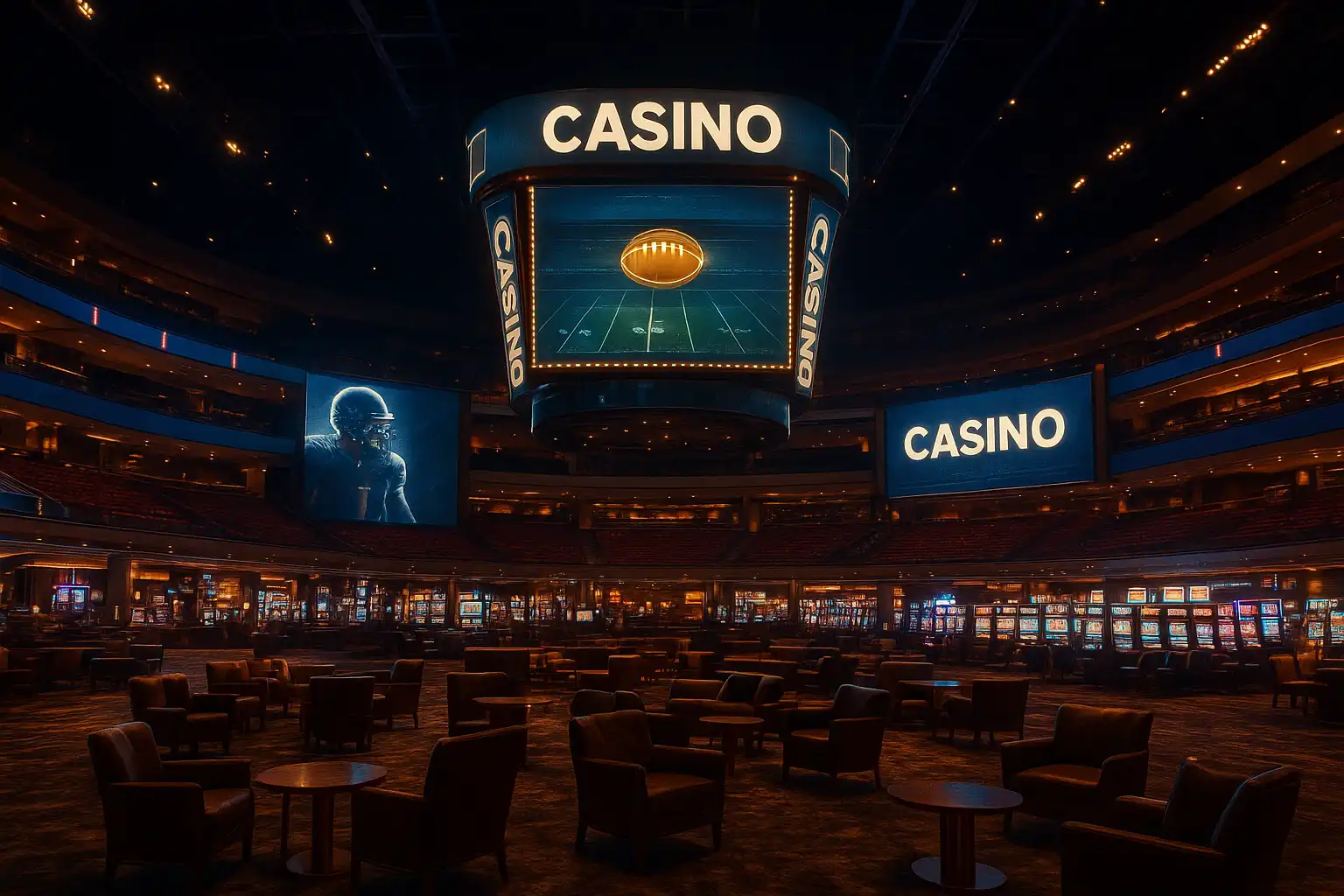 Illuminated grand concourse of the BetArenas Champions Plaza casino with giant digital displays