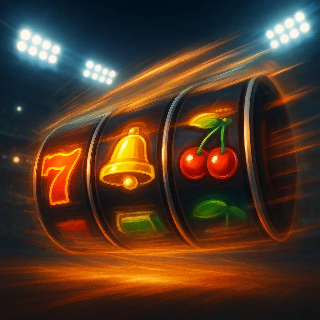 Slot machine reels spinning under arena lights at BetArenas